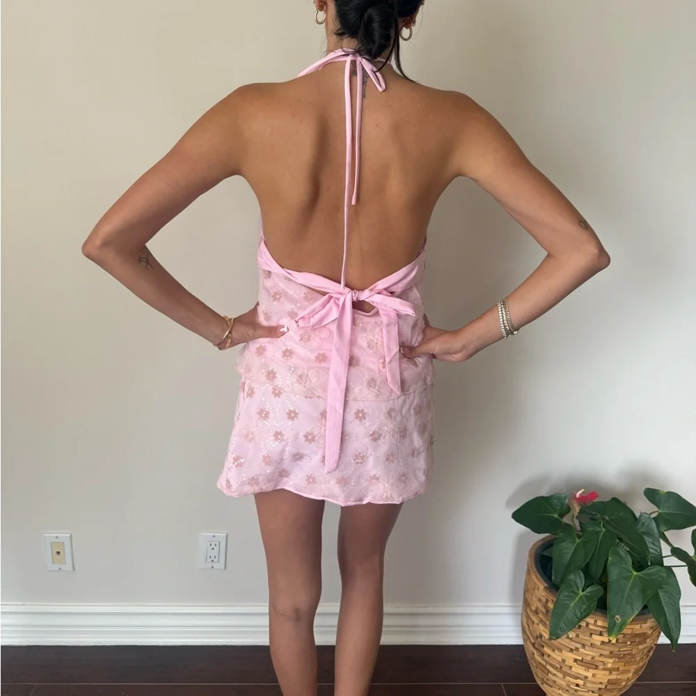 New open back Pink Floral Halter 2pc set size Small, but fits like a size M - Picture 11 of 14
